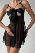 Siyah Büyük Fiyonk Detaylı Transparan Tül Babydoll Gecelik