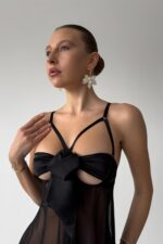 Siyah Büyük Fiyonk Detaylı Transparan Tül Babydoll Gecelik - Görsel 3